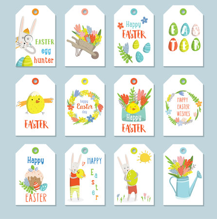 Set of Easter gift tags and labels with cute cartoon characters and type design. Easter greetings with bunny, chickens, eggs and flowers. Cute design. Spring mood. Vector illustration.のイラスト素材