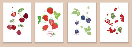 Collection of modern art posters. Abstract illustration of fruits. Cherries, strawberries,...