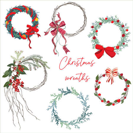 Seasonal greeting cards. Set of Christmas wreaths. Wreaths of twigs, cotton, spruce, juniper, yew with bows and berries. Suitable for greeting cards, flyers, posters and other designs.のイラスト素材