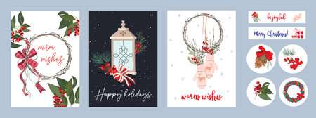 Set of Christmas and New Year cards or invitations. A set of stickers and tags for gifts. Christmas bouquets and compositions. Festive moodのイラスト素材