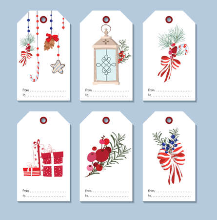 Christmas and New Year greetings. Gift tags design. Beautiful and original packaging. Colorful and festive illustrationのイラスト素材