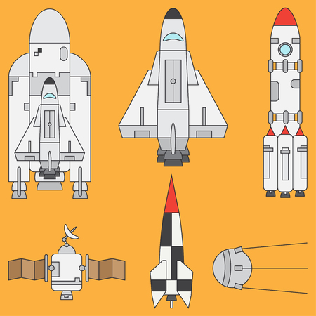 Line flat color icon set elements of aerospace program - rocket, satellites, space shuttle. Cartoon style. Astronautics. Illustration and element for design. Collection. Space. Galaxy. Logo.のイラスト素材