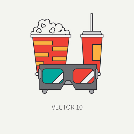 Line flat color icon elements of movie theater pop culture - popcorn, cola. Cartoon style. Cinema. illustration and element for your design , wallpaper. Collection. 3D glasses. Movie.のイラスト素材