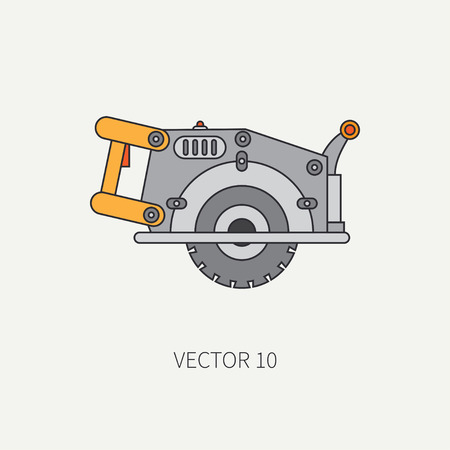 Line flat icon with building electrical tool - circular saw . Construction and repair work. Powerful industrial instrument. Cartoon style. Illustration , element for your design. Engineering.のイラスト素材