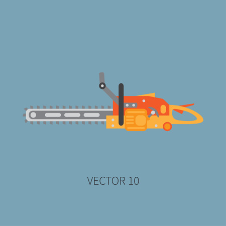 Color flat vector icon with building electrical tool chainsaw . Construction and repair work. Powerful industrial instrument. Cartoon style. Illustration , element for your design. Engineering. Work.のイラスト素材