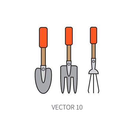 Line flat color vector icon garden tool - shovel and pitchfork. Cartoon style. Vector illustration and element for your design , wallpaper.のイラスト素材
