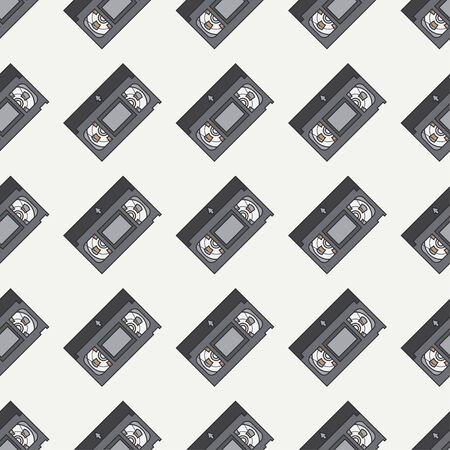 Flat color vector seamless pattern videocassette. Fabric textile elements. Cute doodle with analog multimedia. Vector illustration, element for design. Retro. Interference. Television. Magnetic tape.のイラスト素材