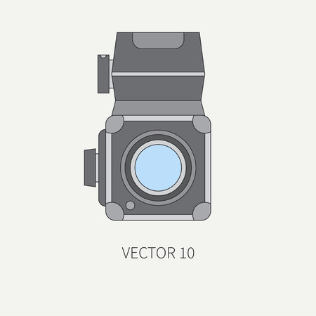 Line flat vector icon with retro analog film cameras. Photography and art. Reflex 35mm photocamera. Cartoon style. Illustration, element for your design. Photographic lens. Simple. Color. Shoot. Lens.のイラスト素材