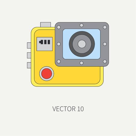 Line flat vector icon with digital action camera. Photography and art. Megapixel photocamera. Cartoon style. Illustration , element for your design. Photographic lens. Simple. Creativity. Shock-proof.のイラスト素材