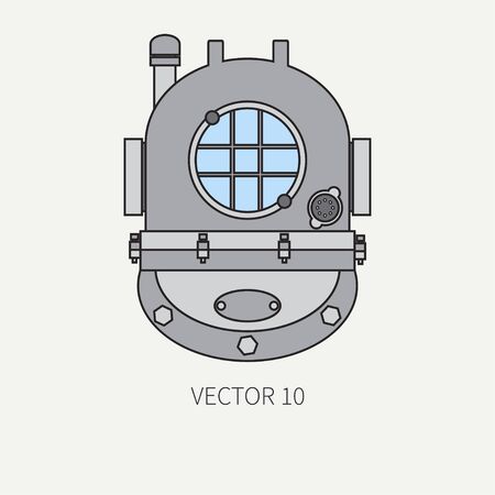 Line flat vector color marine icon with nautical design elements - retro diving helmet. Cartoon style. Illustration , element for your design. Sea adventures. Ocean. Frogman. Aqualung. Abyssal. Naval.のイラスト素材