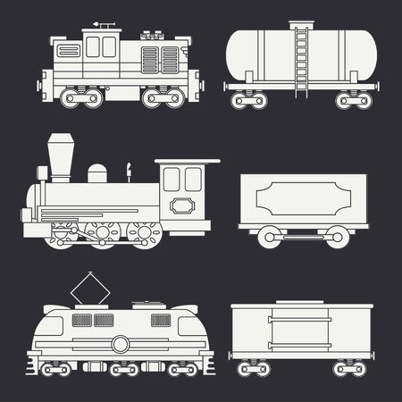 Trendy flat modern and vintage trains with cargo wagons and tank icons set. Steam, diesel, electric locomotives. Vector illustration. Design elements railway collection. Railroad. Wagon. Retro.のイラスト素材