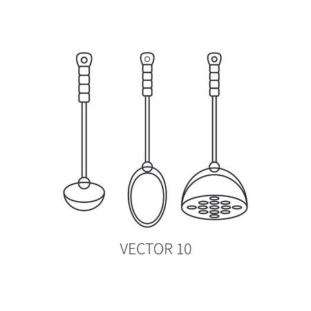 Line flat vector kitchenware icons - spoon, scoop, pestle. Cutlery tools. Cartoon style. Illustration and element for your design. Equipment for food preparation. Kitchen. Household. Cooking. Cook.のイラスト素材