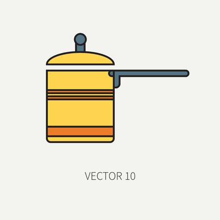 Line flat color vector kitchenware icons - pan, pot. Cutlery tools. Cartoon style. Illustration and element for your design. Equipment for food preparation. Kitchen. Household. Cooking. Cook. Stove.のイラスト素材