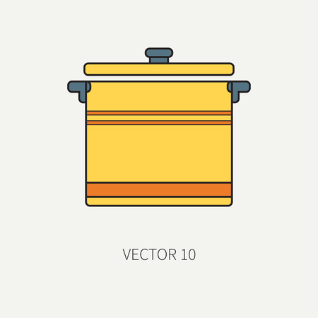 Line flat color vector kitchenware icons - pan, pot. Cutlery tools. Cartoon style. Illustration and element for your design. Equipment for food preparation. Kitchen. Household. Cooking. Cook. Set.の写真素材