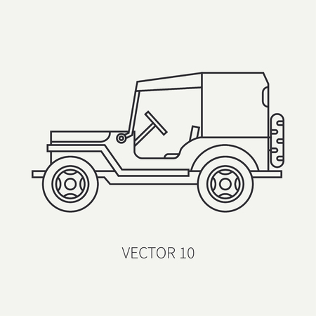 Line flat plain vector icon service staff tarpaulin body army car. Military vehicle. Cartoon vintage style. Cargo transportation. Tractor unit. Tow. Simple. Illustration and element for your design.のイラスト素材