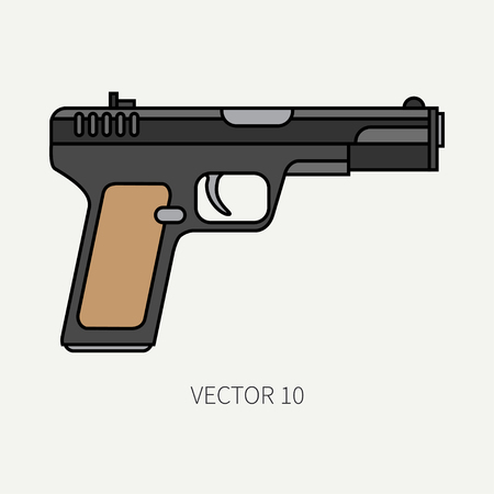 Line flat color vector military icon handgun, pistol. Army equipment and armament. Legendary retro weapon. Cartoon style. Assault. Soldiers. War. Illustration and element for your design and wallpaperのイラスト素材
