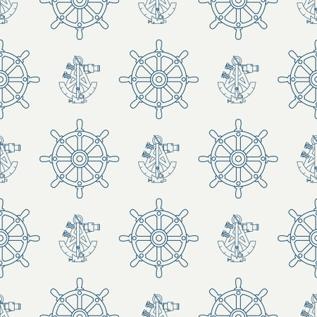 Abstract nautical seamless background pattern with steering wheel and sextant. Vector illustration texture for your design, wallpaper.のイラスト素材