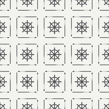 Abstract nautical seamless background pattern with steering wheel and harpoon. Vector illustration texture for your design, wallpaper.のイラスト素材
