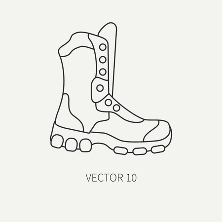 Line flat vector hunt and camping icon - ankle boots. Hunter equipment, armament. Retro cartoon style. Wildlife travel. Camouflage. Forest. Nature. Illustration and element for your design, wallpaper.のイラスト素材