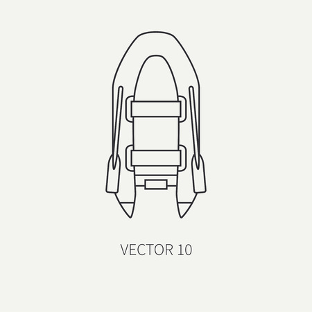 Line flat vector fisher and camping icon inflatable rubber boat. Fisherman equipment. Retro cartoon style. Illustration and element for your design and wallpaper.のイラスト素材