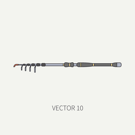 Line flat color vector fisher and camping icon fishing rod. Fisherman equipment. Retro cartoon style. Holiday travel. Spinning. Boat. Nature. Illustration and element for your design and wallpaper.のイラスト素材