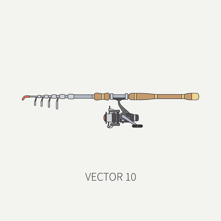 Line flat color vector fisher and camping icon fishing rod with reel. Fisherman equipment. Retro cartoon style. Holiday travel. Spinning. Boat. Illustration and element for your design and wallpaper.のイラスト素材