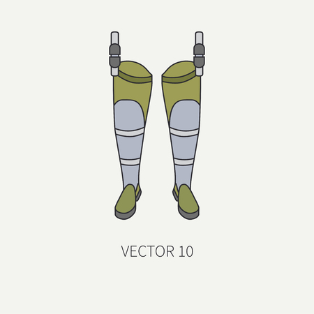 Line flat color vector fisher and camping icon fishing boots. Fisherman equipment. Retro cartoon style. Holiday travel. Spinning. Boat. Nature. Illustration and element for your design and wallpaper.のイラスト素材