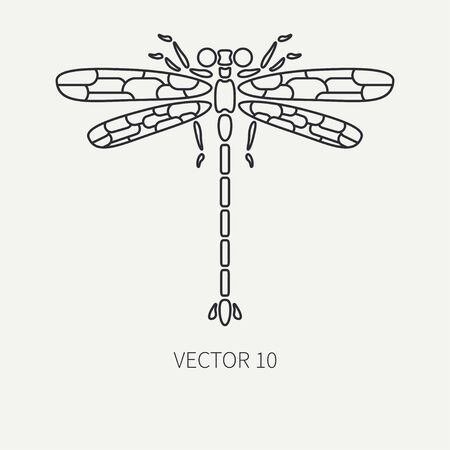Line flat plain vector wildlife fauna icon bug, dragonfly. Simplified retro.のイラスト素材