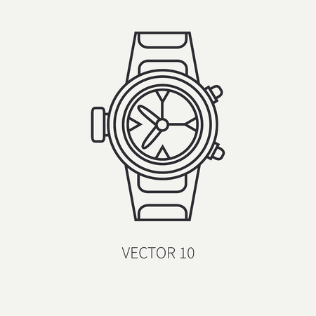 Line flat vector diver underwater equipment icon waterproof clock. Retro style. Ocean deep, sea beach. Snorkeling. Summer adventure vacation. Scuba aqualung. Illustration element for design, wallpaperのイラスト素材