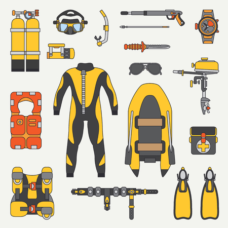 Line flat color vector diver underwater equipment icon set. Summer adventure Illustration, element for your design and wallpaper.のイラスト素材