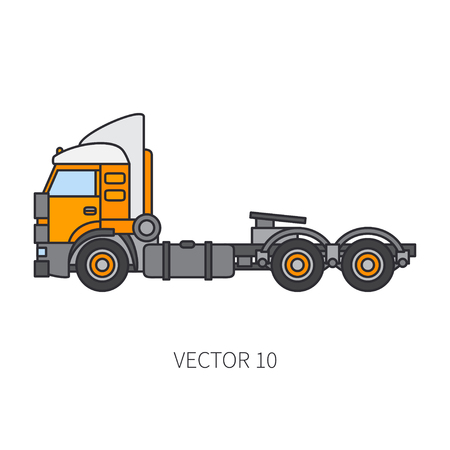 Color flat vector icon construction machinery truck container industrial style. Corporate cargo delivery, commercial transportation. Building business, engineering, diesel power illustration for design.のイラスト素材