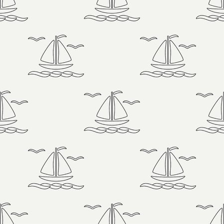 Flat line monochrome vector seamless pattern ocean boat with sail. Simplified retro. Cartoon style. Regatta. Seagull. Summer vacation. Yacht. Nautical. Illustration, element for your design wallpaper.のイラスト素材
