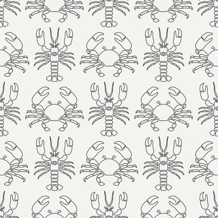 Flat line vector seamless pattern ocean fauna lobster and crab. Simplified retro style.  Illustration element for your design and wallpaperのイラスト素材