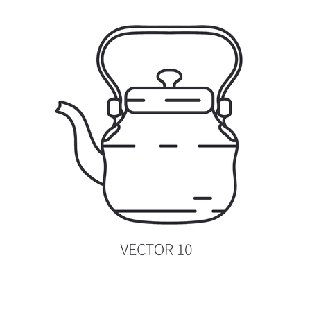Retro travel copper teapot, kettle vector line icon. Summer travel vacation, tourism, camping equipment. Backyard classic lunch. Outdoor family picnic sign and symbol. Nature trip. Hiking. Lifestyle.のイラスト素材