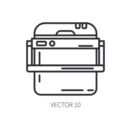 Retro furniture, compact picnic refrigerator line icon. Summer travel vacation, tourism, camping equipment. Backyard classic lunch. Outdoor family picnic, rustic party. Beach cooler. Hiking lifestyle.のイラスト素材