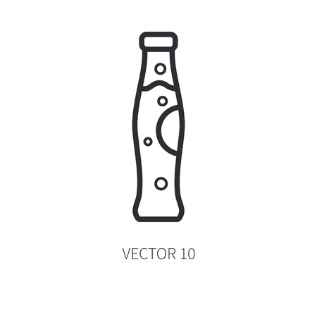 Retro cola, soda, water, juice bottle vector line icon. Summer travel vacation, tourism, camping. Backyard classic lunch. Pop label. Outdoor family picnic sign and symbol. Hiking. Beverage and snack.のイラスト素材