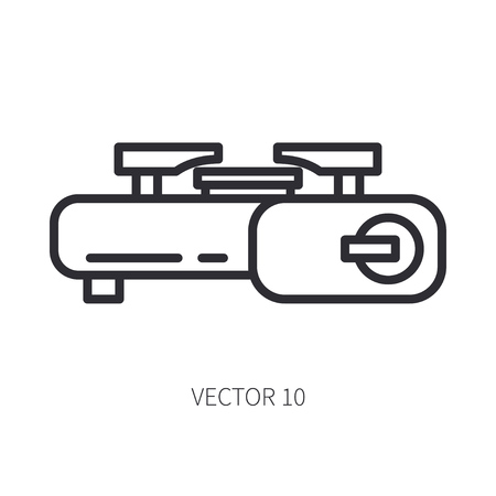 Retro furniture, compact camping gas stove vector line icon. Summer travel vacation, tourism, camping equipment. Backyard classic lunch. Outdoor family picnic sign and symbol. Hiking lifestyle. Butaneのイラスト素材