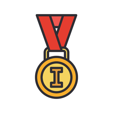 Line vector color medal and winner award icon. Sport equipment, success symbol. Athletic competition. Championship reward, win trophy. Retro style illustration and element for your design wallpaper.のイラスト素材