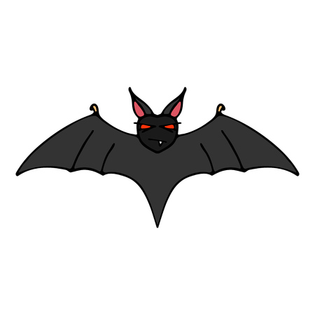 Happy halloween color vector icon with evil vampire bat. Trick or treat. Cute naive doodle, spooky element. Graveyard, monster, fall celebration. Witchcraft and magic art. Cartoon horror illustration.のイラスト素材