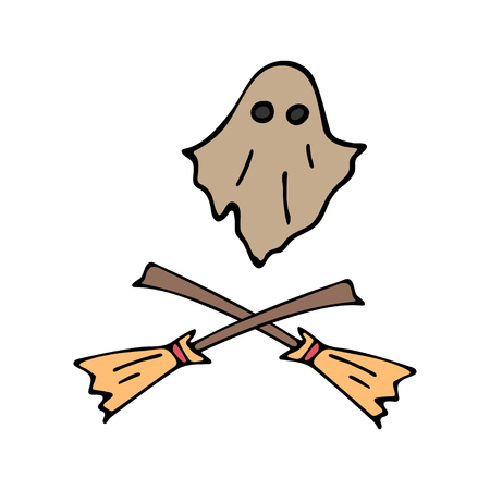 Happy halloween color vector icon set evil ghost, witch broom. Trick or treat. Cute doodle, spooky element. Graveyard, monster, fall celebration. Witchcraft and magic art. Cartoon horror illustrationのイラスト素材