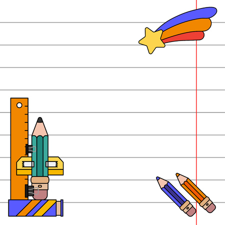 Color invitation postcard, gift tags. School notebook sheet, pencil. Imagination, office supplies space rocket, astronaut adventure dream. Holiday paper label. Thematic badge sale design illustration.のイラスト素材