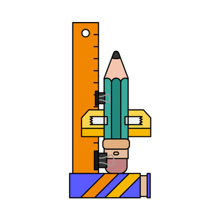 Color invitation postcard, gift tags. School notebook sheet, pencil. Imagination, office supplies space rocket, astronaut adventure dream. Holiday paper label. Thematic badge sale design illustration.のイラスト素材