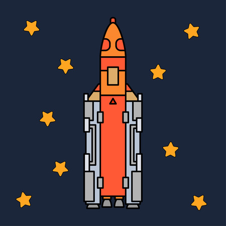 Line flat color vector icon elements of aerospace program multistage rocket. Cartoon style rocket, astronaut adventure. Spaceship technology illustration. Space investigations. Galaxy. Clipart logo.の写真素材
