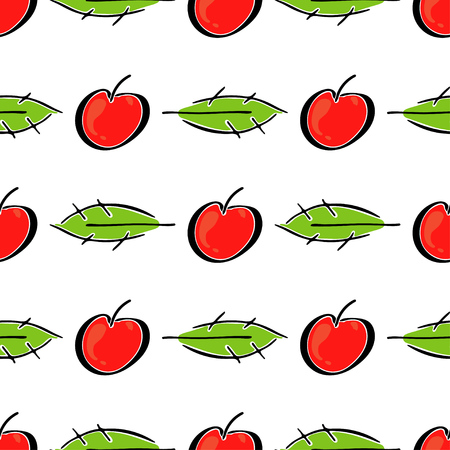 Apple fruit leaf vector color seamless pattern. Simplified retro illustration. Wrapping, scrapbook paper background.Childish cartoon style bright garden. Element for design, wallpaper, fabric printingのイラスト素材