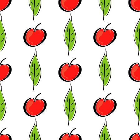 Apple fruit leaf vector color seamless pattern. Simplified retro illustration. Wrapping, scrapbook paper background.Childish cartoon style bright garden. Element for design, wallpaper, fabric printingのイラスト素材