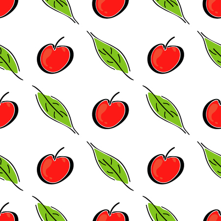 Apple fruit leaf vector color seamless pattern. Simplified retro illustration. Wrapping, scrapbook paper background.Childish cartoon style bright garden. Element for design, wallpaper, fabric printingのイラスト素材