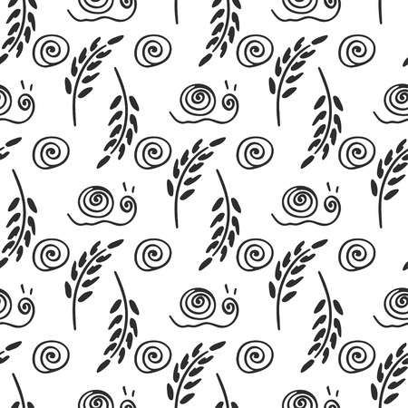 Wildflowers, spikelet, snail rural vector seamless pattern. Simplified retro illustration. Wrapping, scrapbook paper background.Childish cartoon rural field. Element design, wallpaper fabric printingのイラスト素材