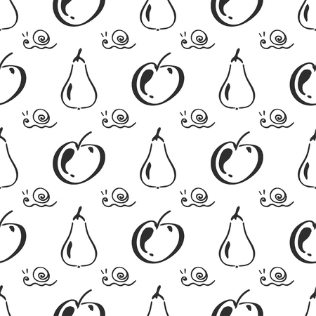 Pear apple leaf and snail vector seamless pattern. Simplified retro illustration. Wrapping, scrapbook paper background.Childish cartoon style bright garden. Element design, wallpaper, fabric printing.のイラスト素材