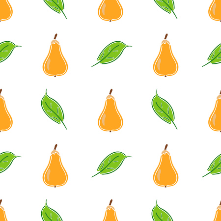 Pear fruit color vector plain seamless pattern. Simplified retro illustration. Wrapping, scrapbook paper background.Childish cartoon style bright garden. Element for design, wallpaper, fabric printingのイラスト素材