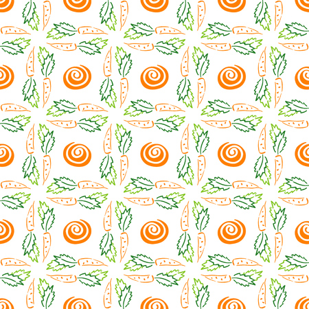 Color carrot vegetable leaf vector plain seamless pattern. Simplified retro illustration. Wrapping or scrapbook paper background.Childish style garden. Element for design, wallpaper, fabric printing.のイラスト素材